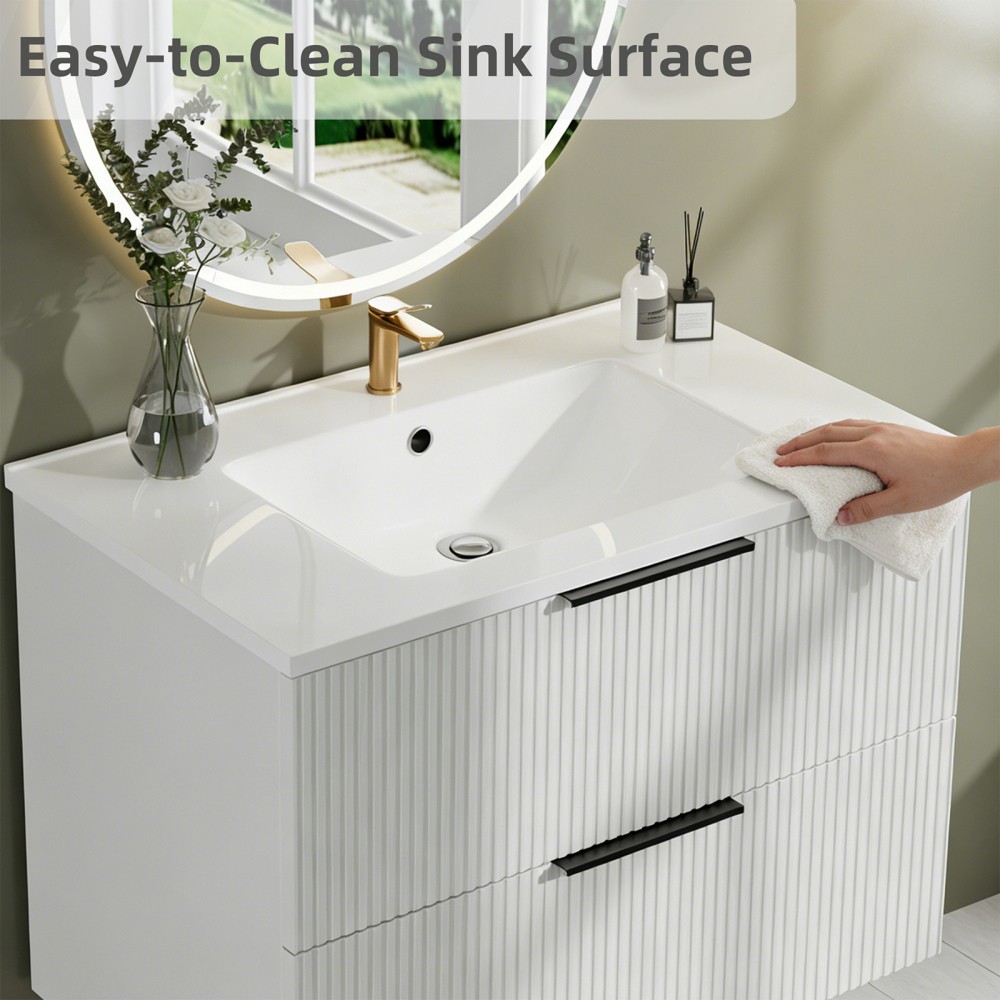 30″ Bathroom Vanity with Ceramic Sink, White Wall Mounted Fluted Cabinet