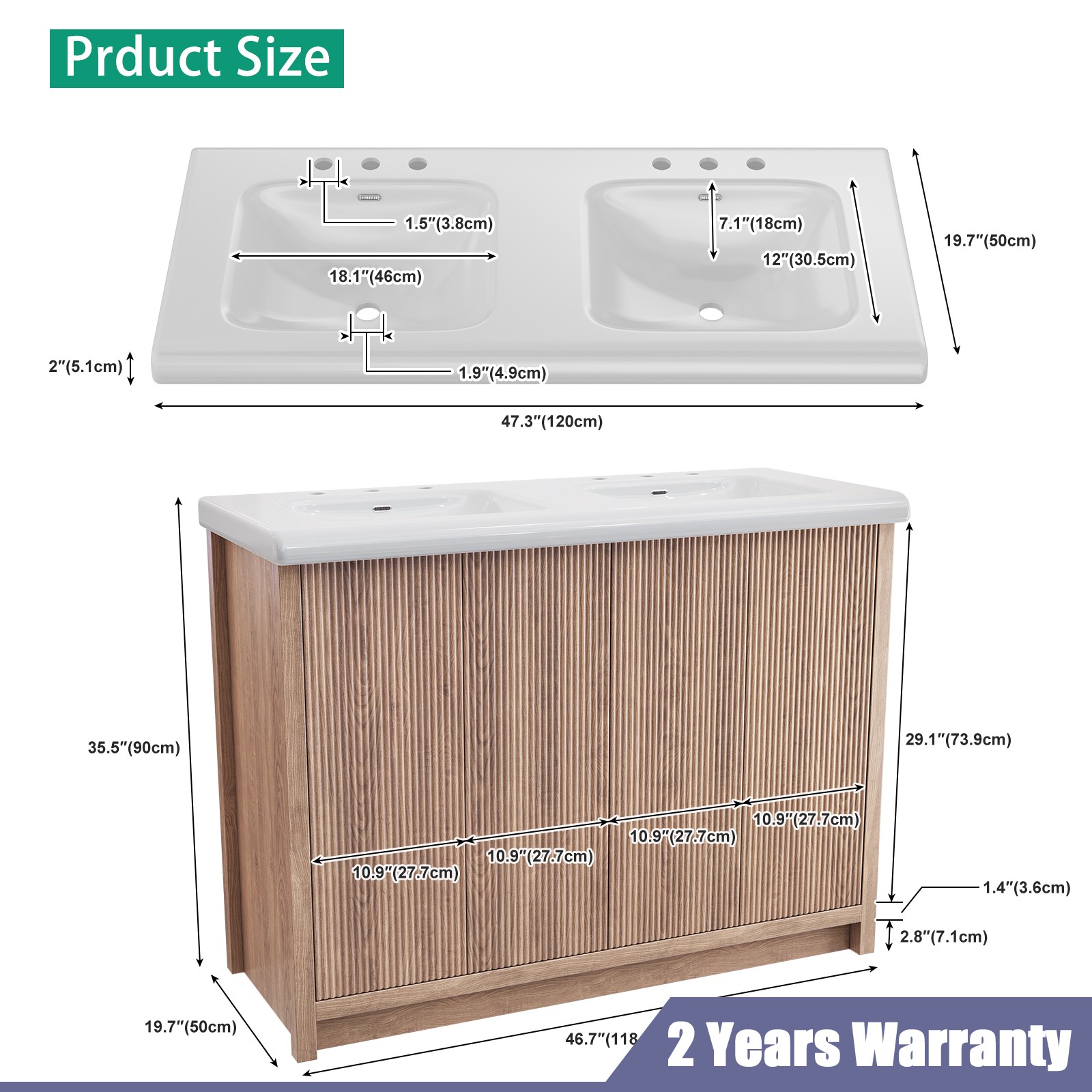 47″ Large Bathroom Vanity Double Ceramic Sink Freestanding Cabinet Storage