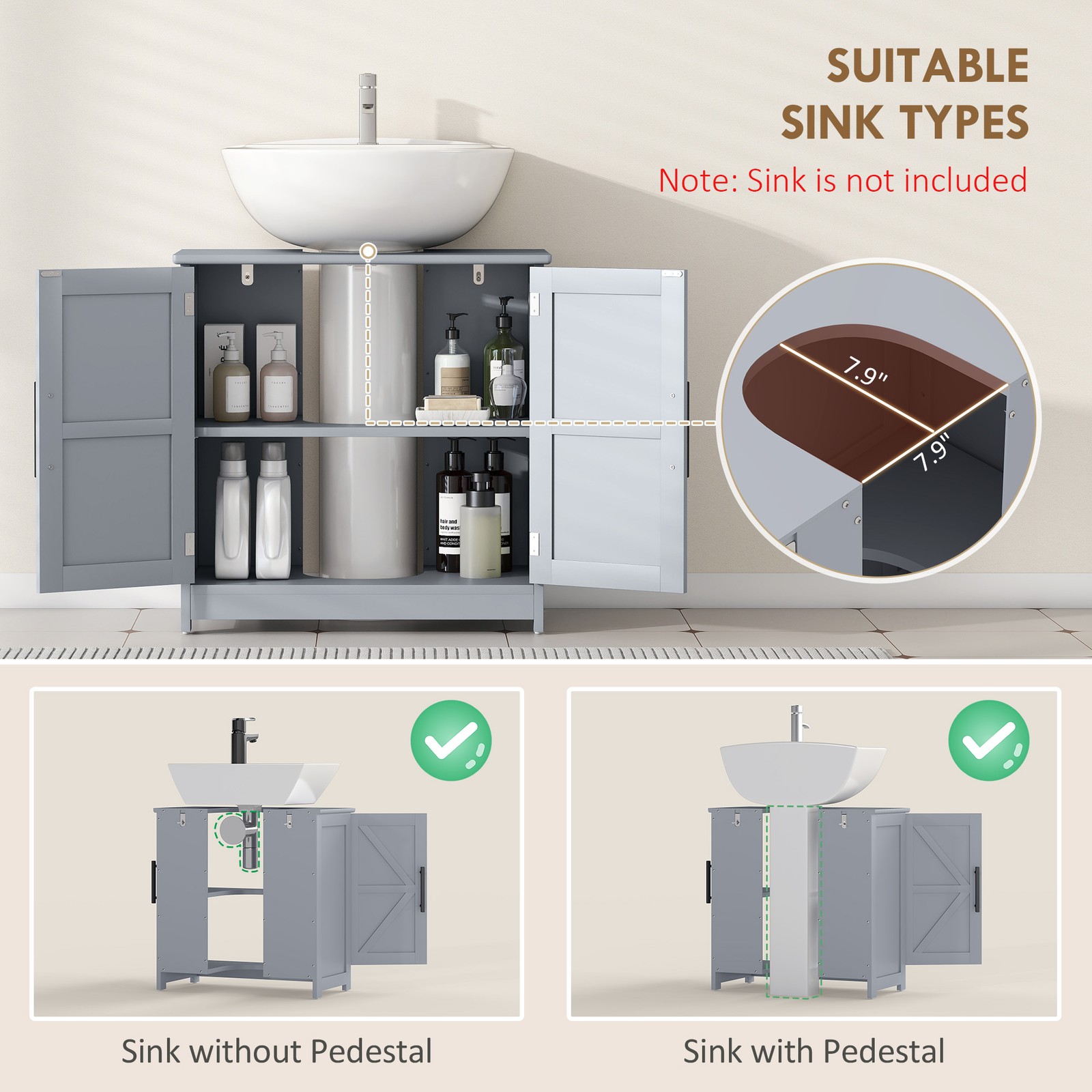 Pedestal Sink Storage Cabinet, Bathroom Sink Cabinet, Dark Gray
