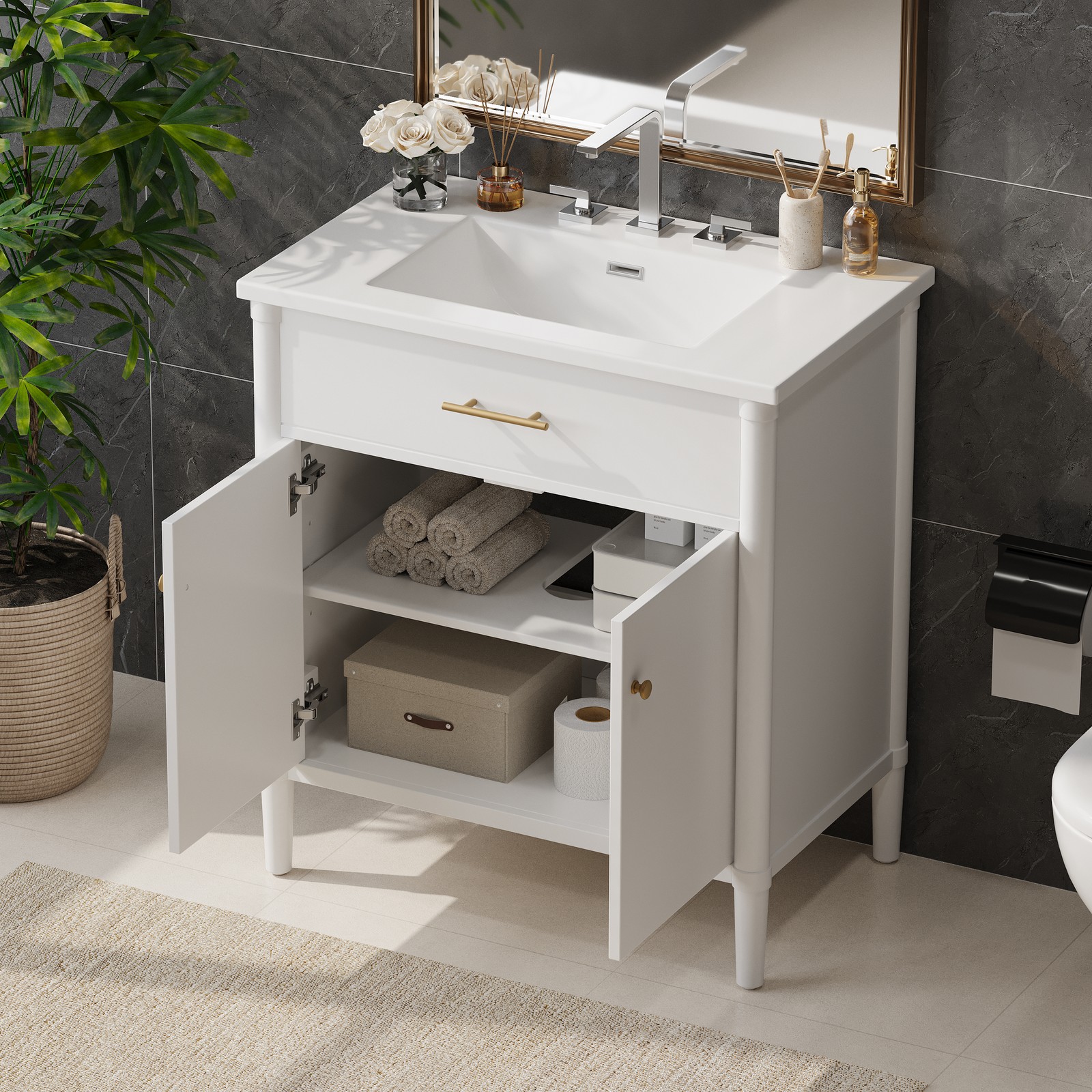 30″ Bathroom Vanity with Sink, Bathroom Cabinet with Soft Close Doors White