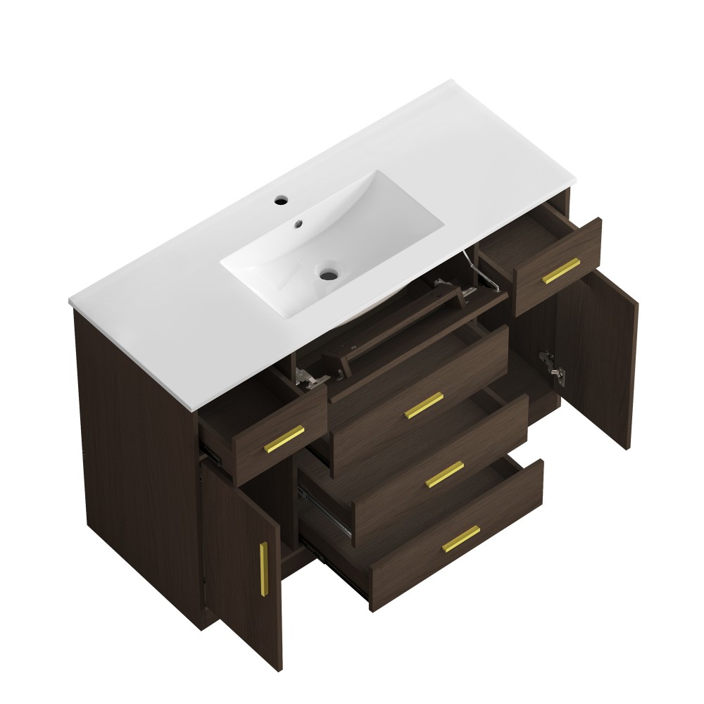 48″ Dark Brown Bathroom Vanity with Soft Close Doors and 6 Drawers