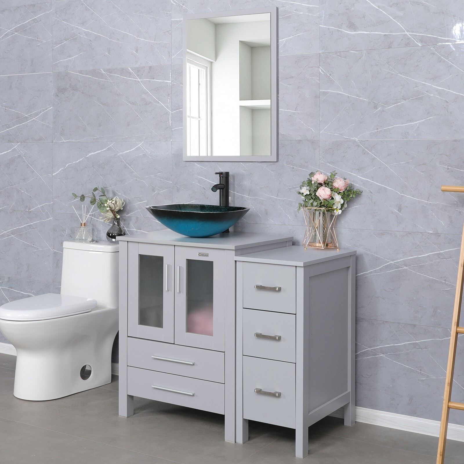 36″ Bathroom Vanity Set Gray Tempered Glass Vessel Sink Faucet Combo No Mirror