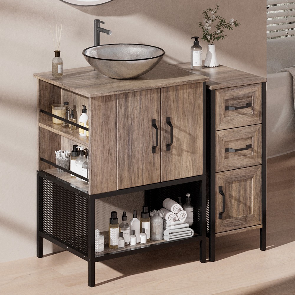 36” Modern Bathroom Vanity w/ Glass Sink Storage Iron Wood Cabinet Drawer Grey