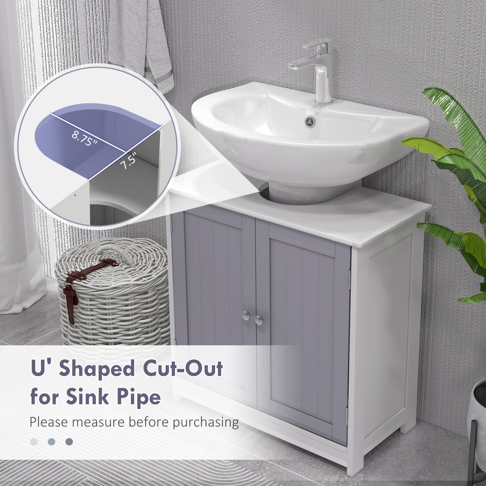 Under Sink Storage Cabinet, White & Gray Bathroom Vanity w/ Adjustable Shelf,