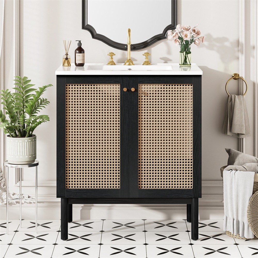 30″ Bathroom Vanity w/ Sink, Freestanding Vanity Storage Cabinet, 2 Rattan Doors