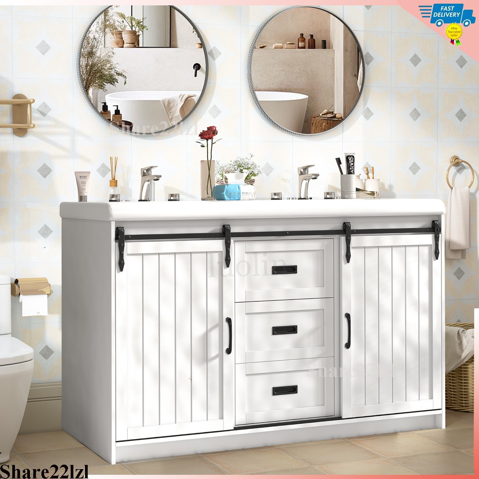 47″ Bathroom Vanity Cabinet Freestanding Drawers Marble Countertop Ceramic Sink