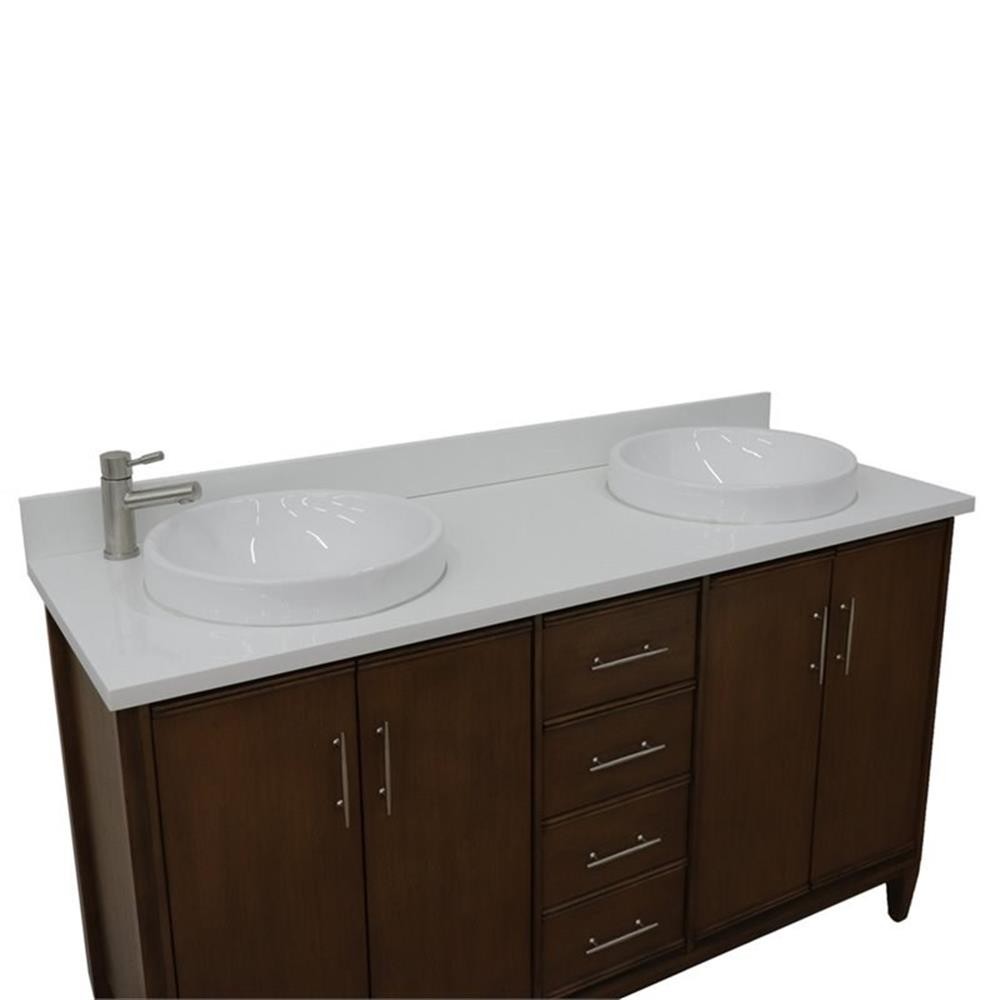Pemberly Row 61″ Double Round Sink Vanity with White Quartz Stone in Walnut