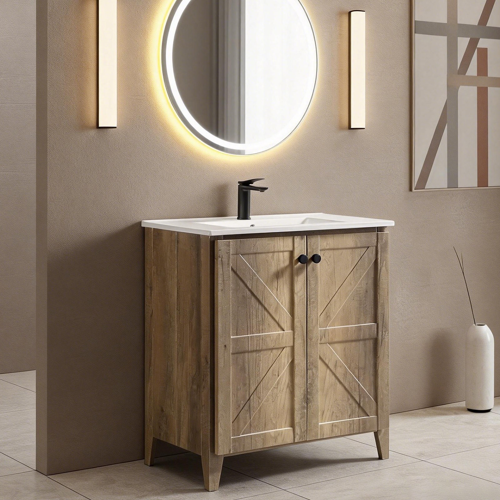 30″ Antique Grey Folding Floor Cabinet With Ceramic Sink Modern Storage Cabinet