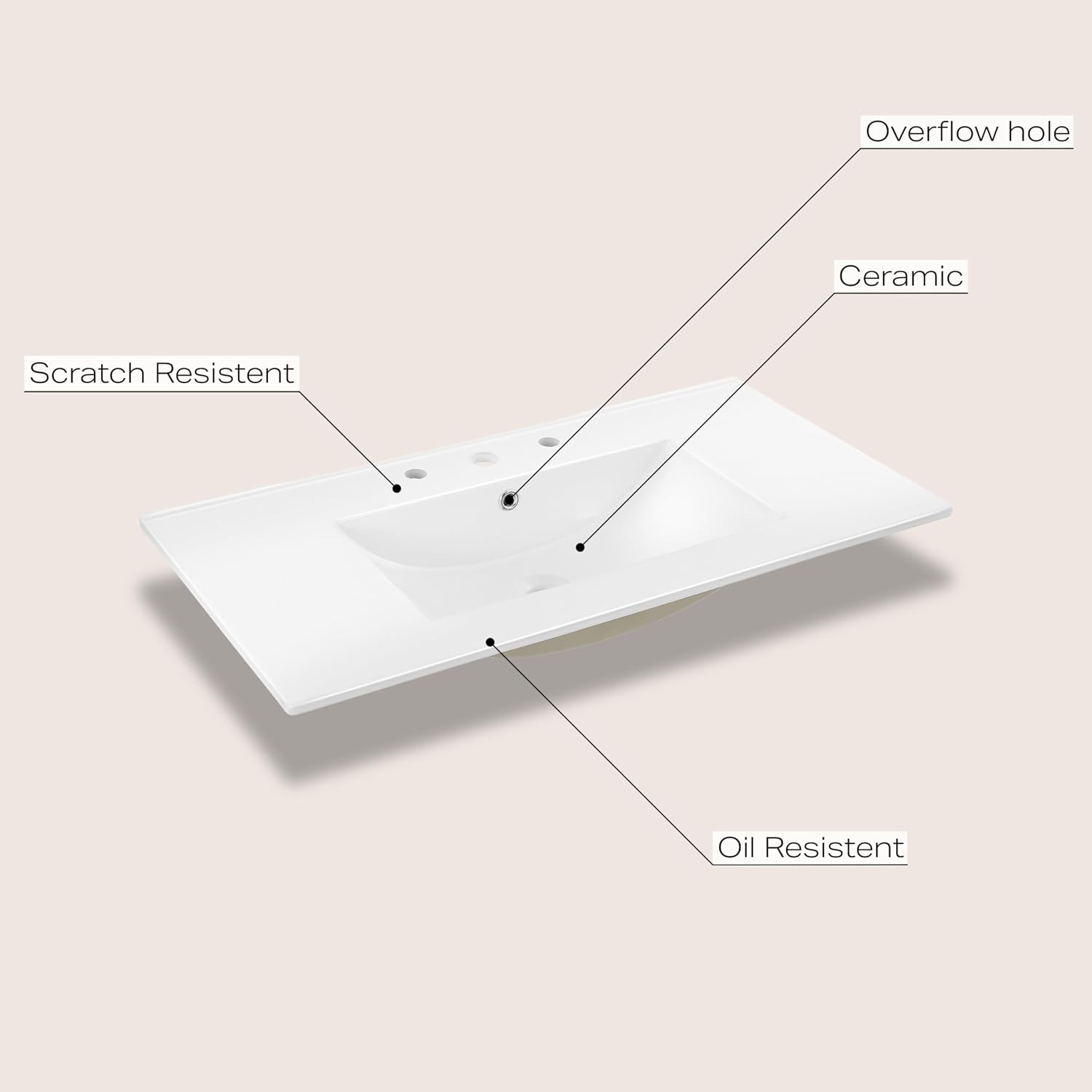 Ancillary 36″ Bathroom 3-Hole Sink Top, White | Ceramic Vanity, 18.25″ Rectangul