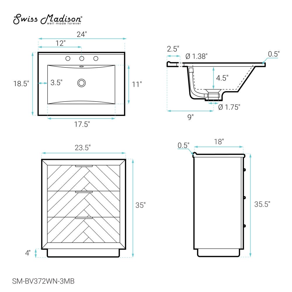 Swiss Madison SM-BV372-3 Daxton 24″ Freestanding Bathroom Vanity – Brown Oak /