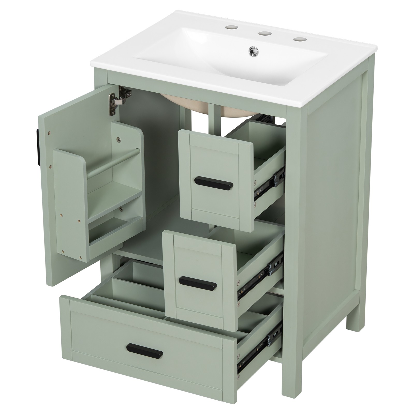 24″ Bathroom Vanity w/Ceramic Sink Modern Freestanding Vanity Cabinet w/3 Doors