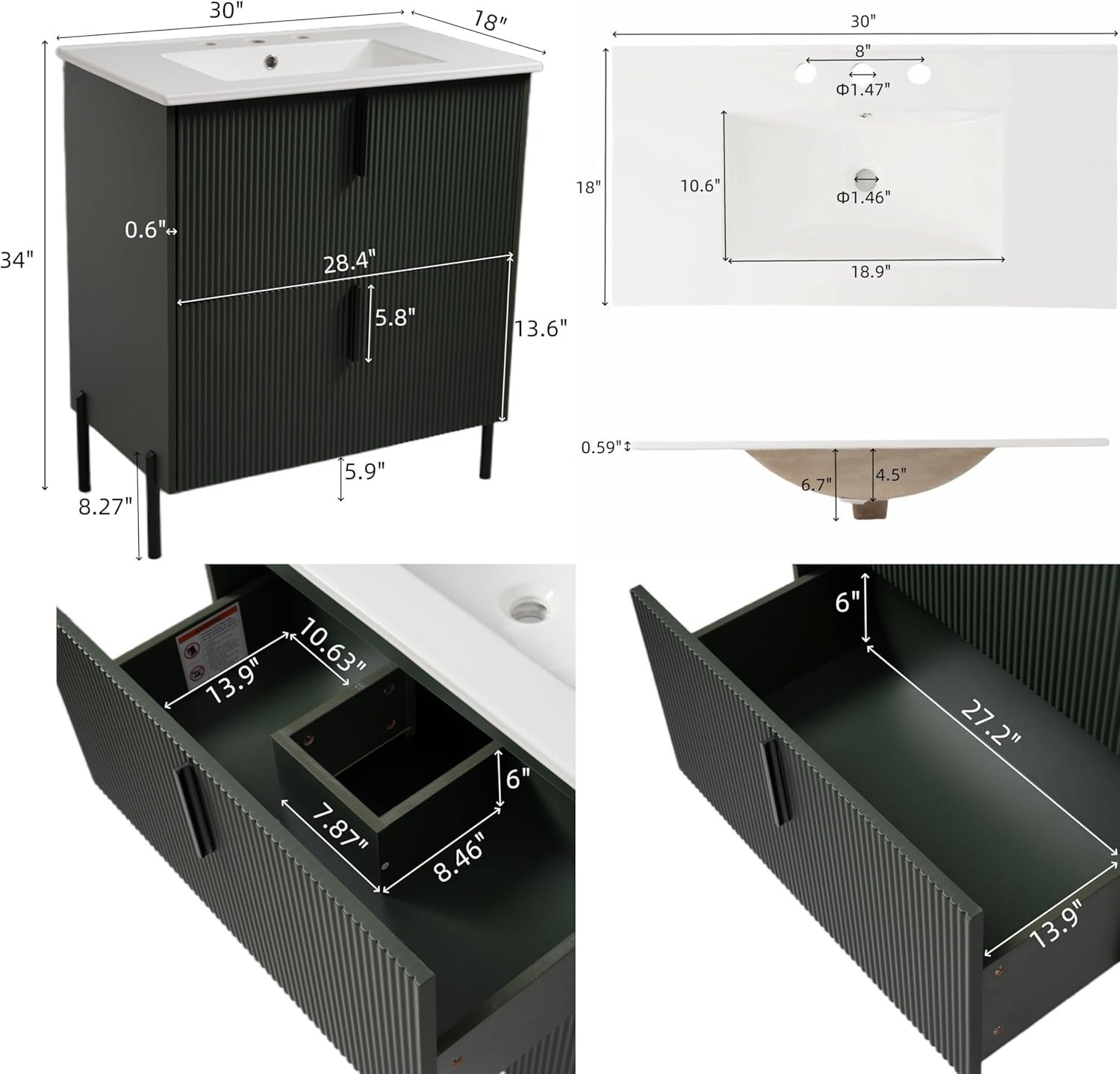 30 in.Bathroom Vanity with Fluted Design Vanity with Sink Suit For Any Bathroom
