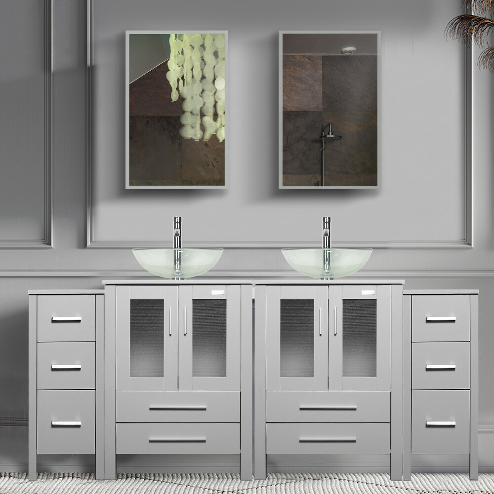 72″ Bathroom Vanity Gray Clear Tempered Glass Vessel Sink Cabinet No Mirror