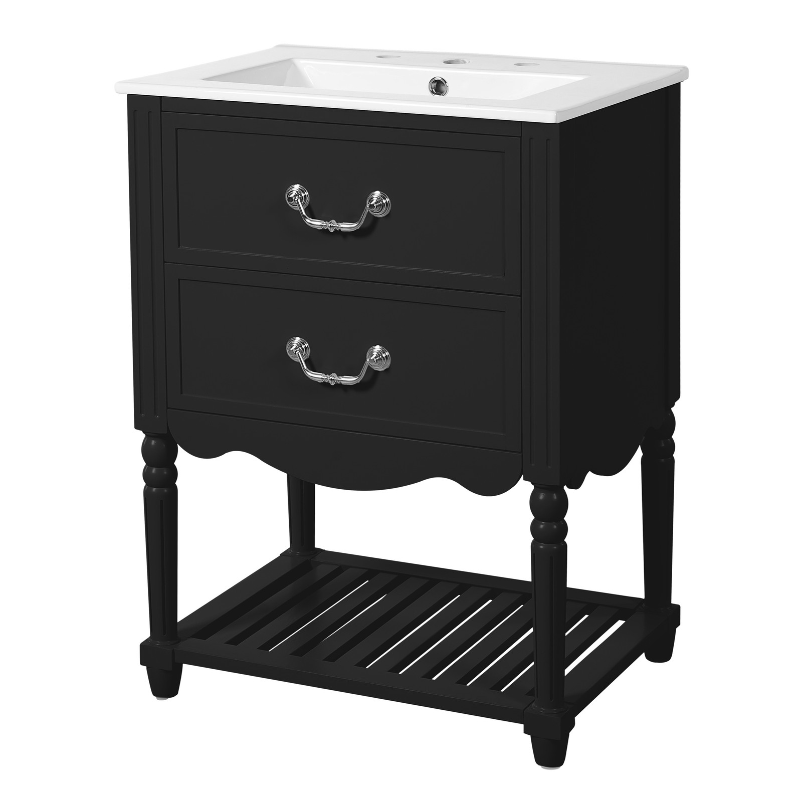 FUNIDEE 24″ Vintage Bathroom Vanity Storage Cabinet with Ceramic Sink Black