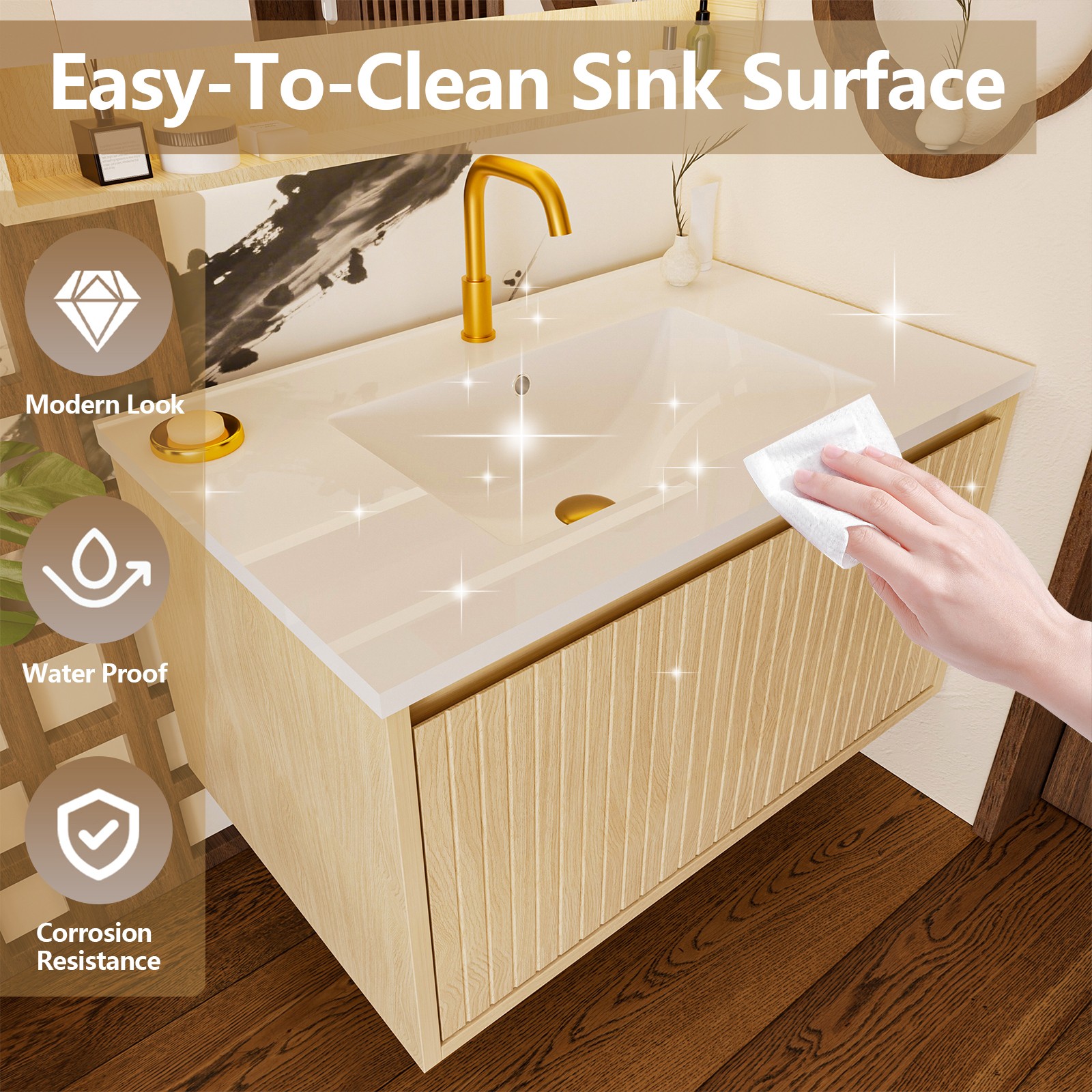 30 Inch Floating Bathroom Vanity Cabinet with Ceramic Sink, Natural Wood