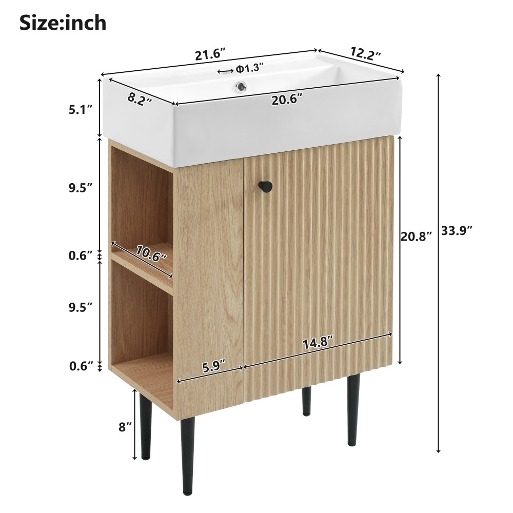 21.6″ Wood Bathroom Vanity，Ceramic Sink，Free-Standing Cabinet，Left Side Storage