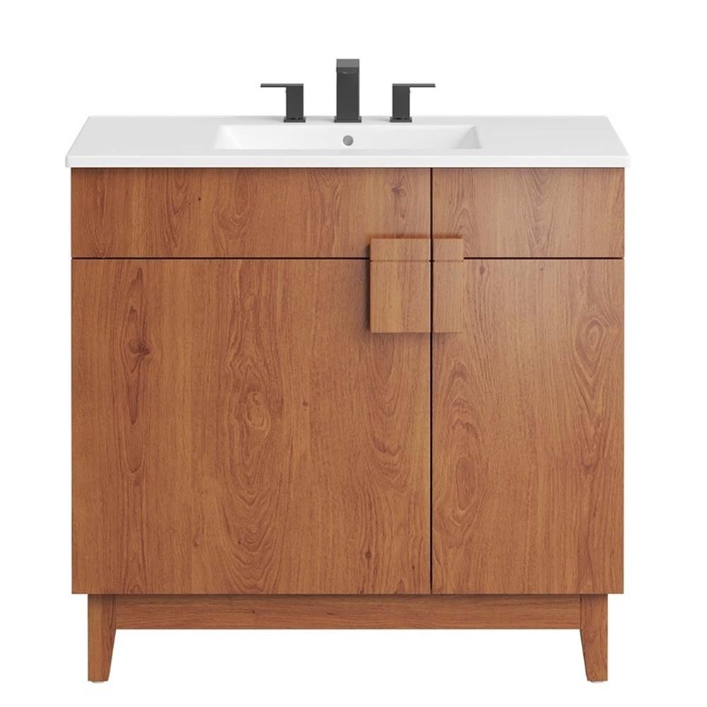 Pemberly Row 36″ Wood Bathroom Vanity with Tapered Legs in White/Walnut