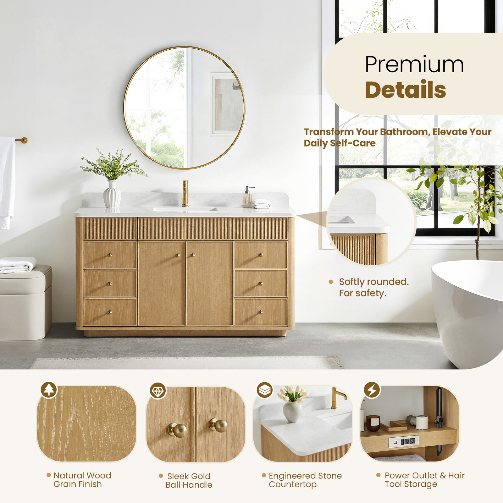 Zogno 60″ Solid Wood Single Bath Vanity in Washed Ash Gray with White Stone Top
