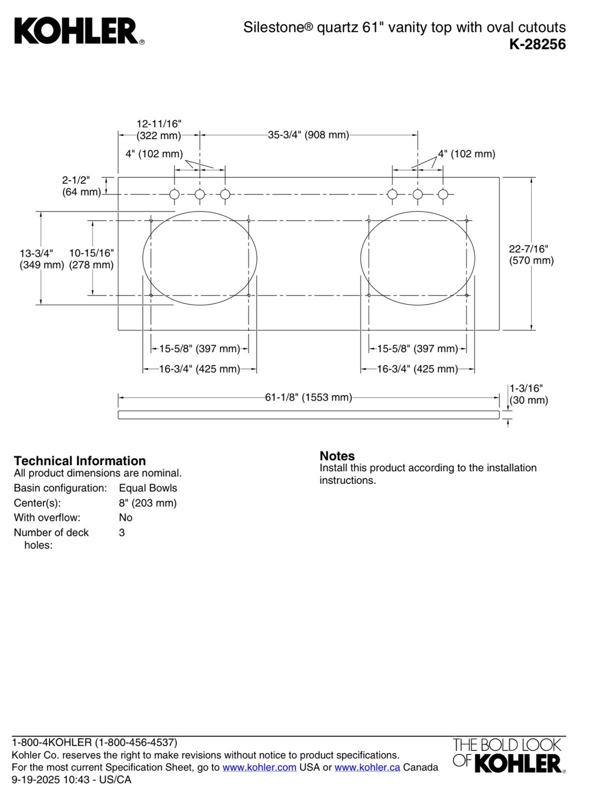 Kohler Silestone® quartz 61″ vanity top with double oval cutouts 28256-ESR