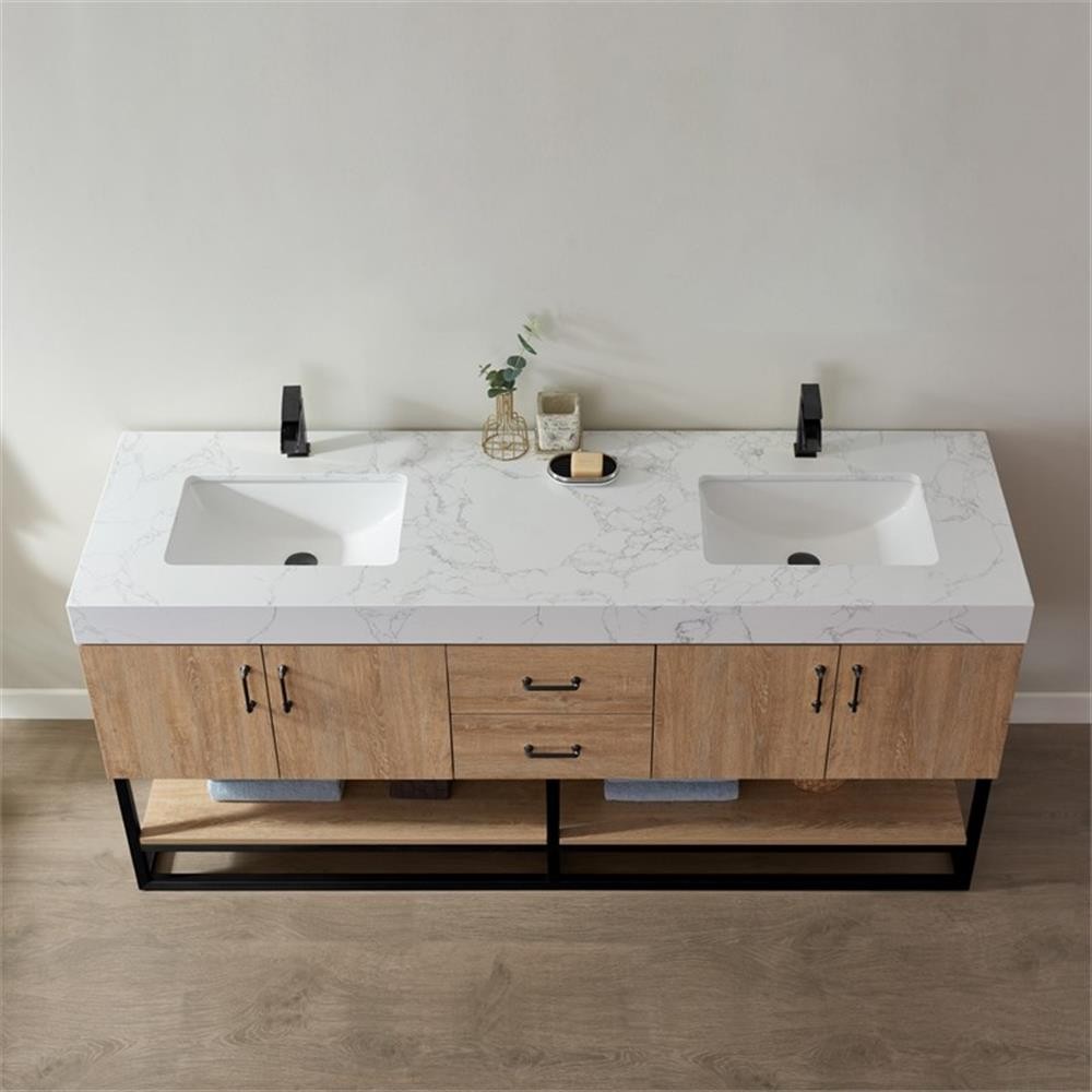 Pemberly Row 72″ White Stone Top Oak Double Vanity Black Frame w/o Mirror