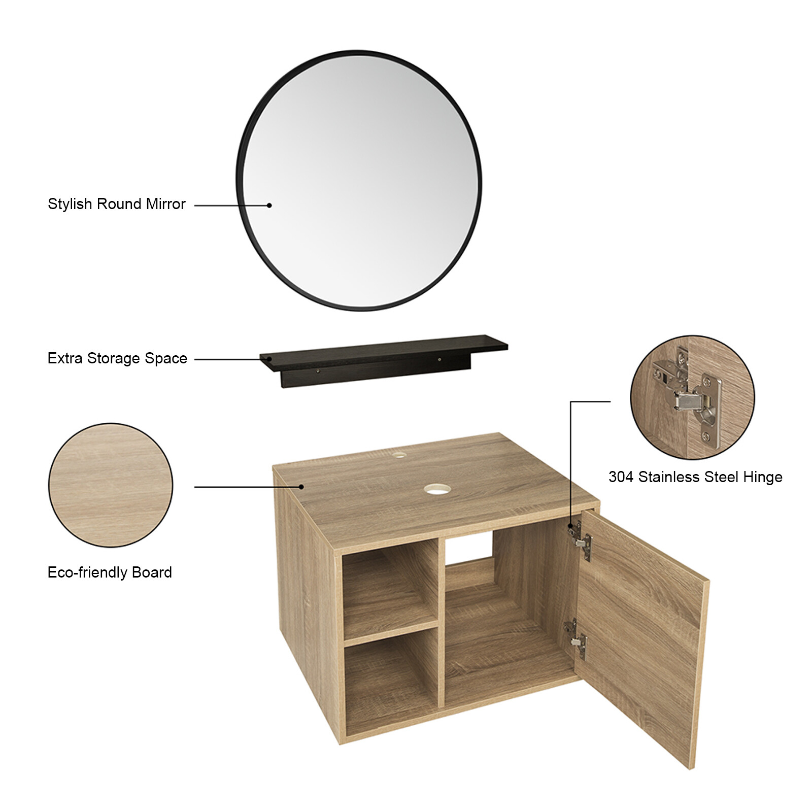 24″ Wall-Mount Bathroom Vanity with Vessel Sink and Storage Shelf
