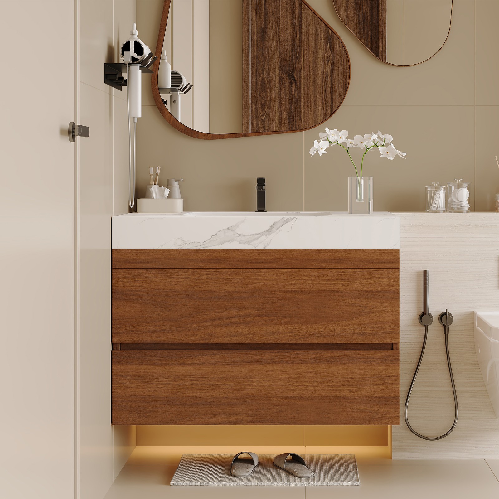 29.9″ Modern Floating Bathroom Vanity Storage Cabinet w/Faux Marble Top & Sink
