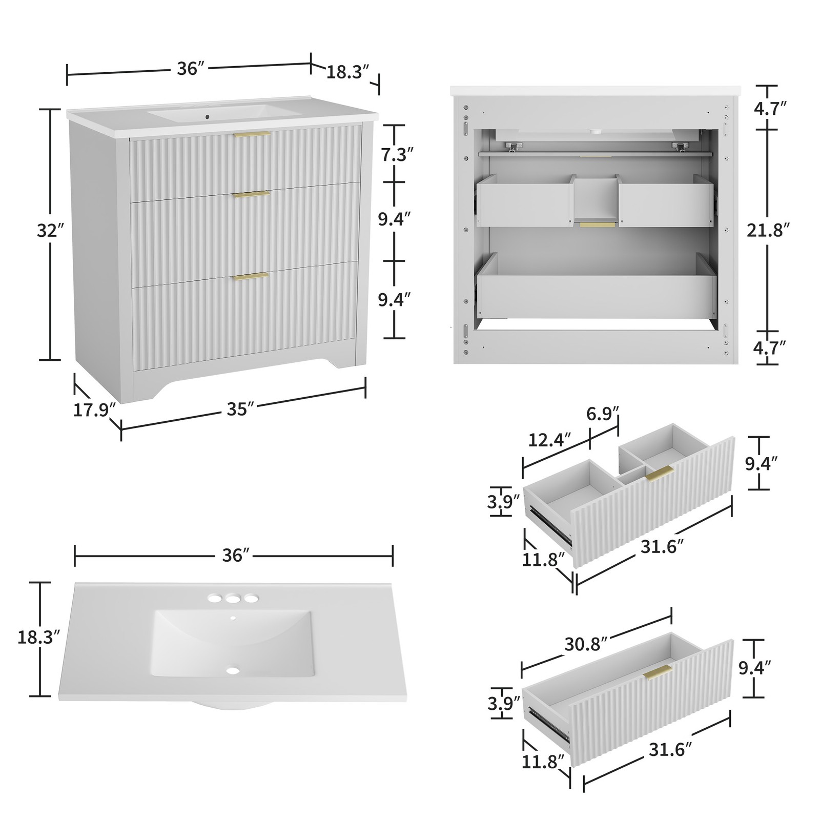 36” Fluted Bathroom Vanity Modern Freestanding Cabinet with Sink & 3 Drawers