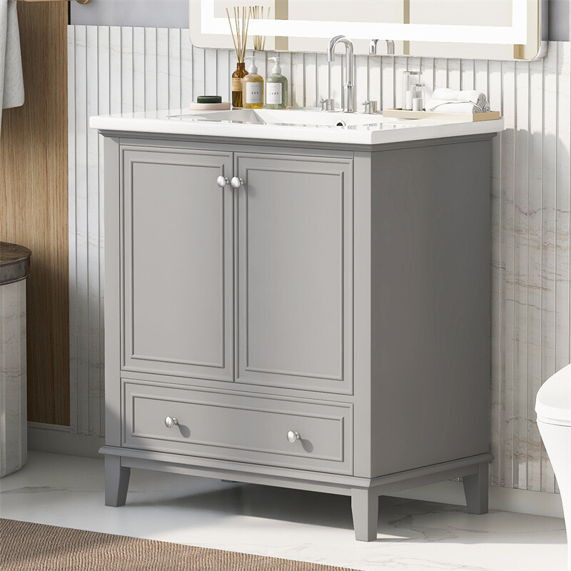30″ Modern Bathroom Vanity with Sink Set,Gray Bathroom Cabinet w/Doors & Drawer