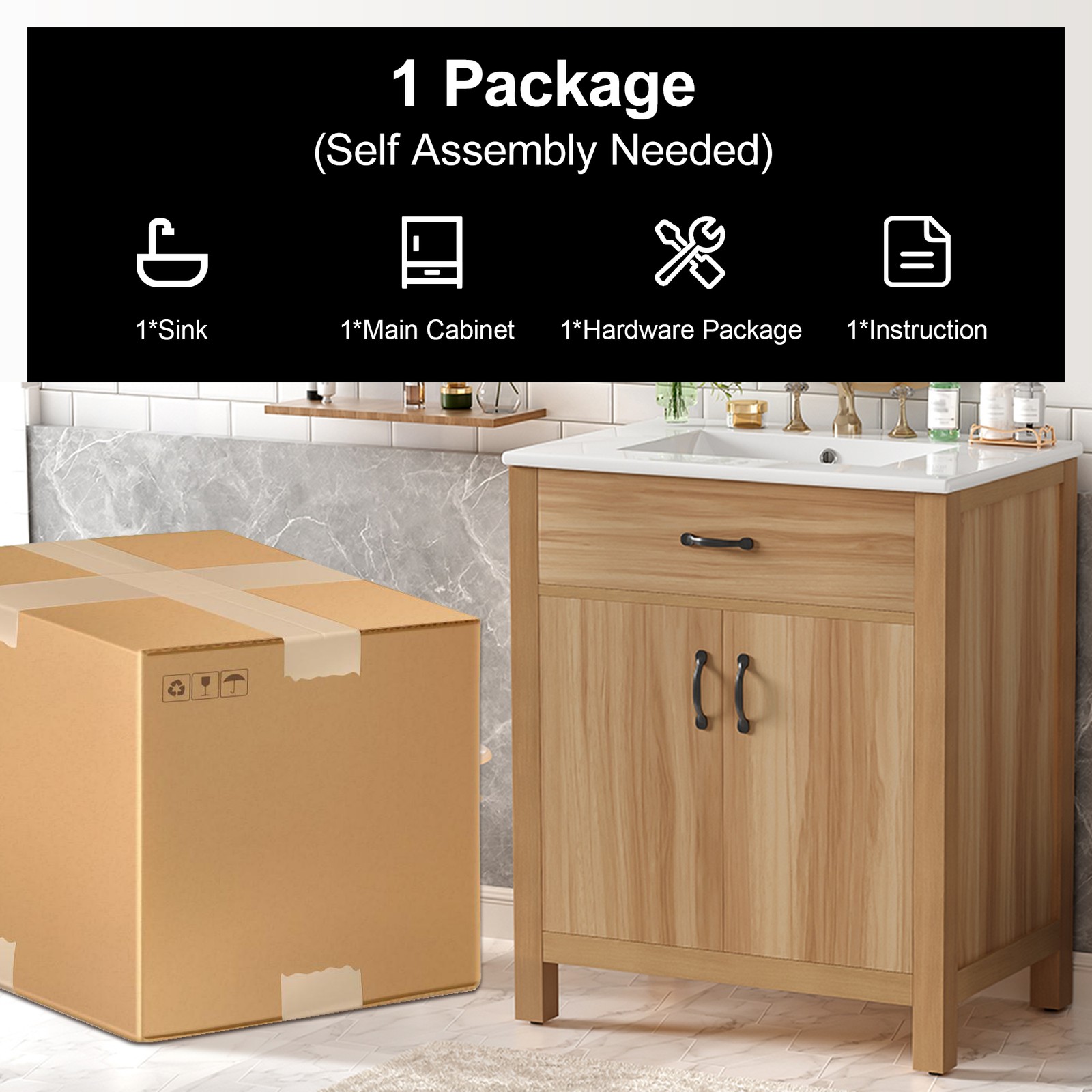 30″ Wood Bathroom Vanity with Solid Wood Frame, 2 Soft Close Doors,1 Flip Drawer