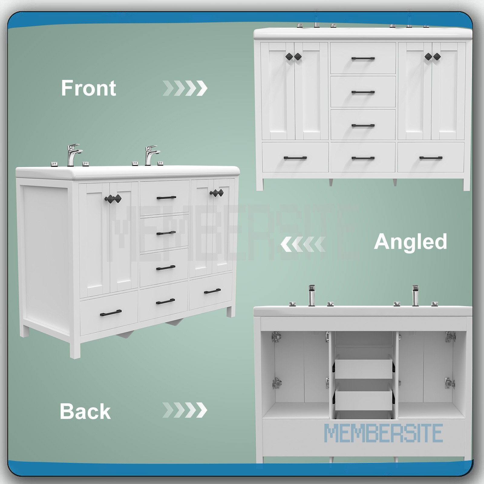 47.3″ Bathroom Vanity w/Double Ceramic Sinks Cabinet and 5 Drawers Freestanding