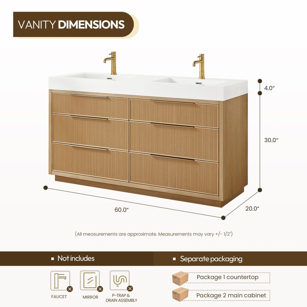 Hohhot 60″ Double Bath Vanity in Washed Ash Grey with White Stone Top