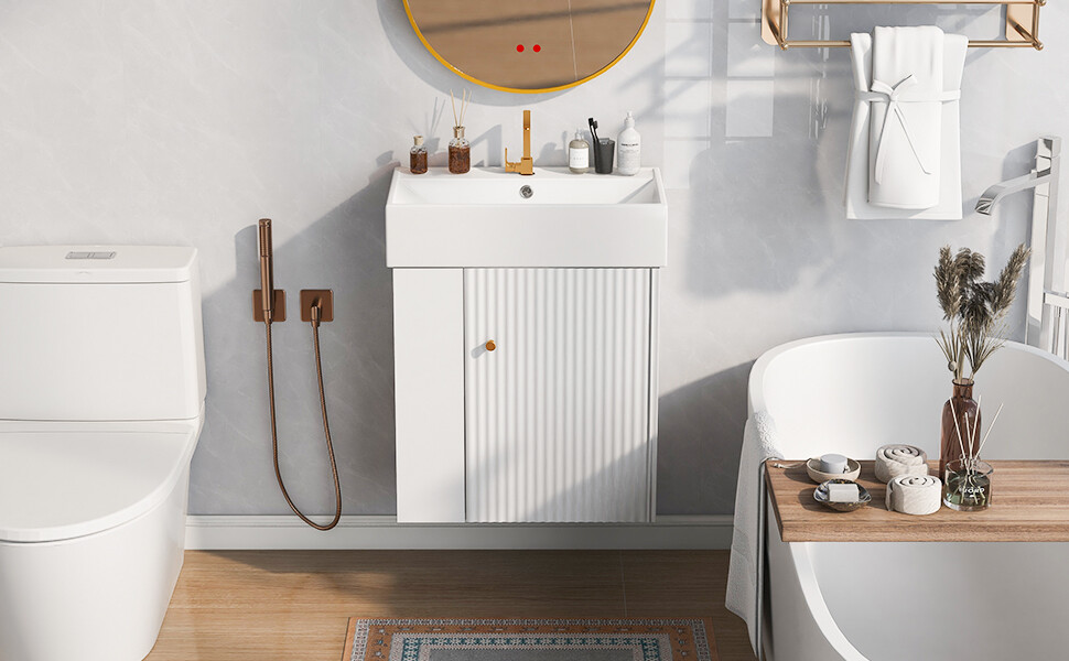 21.6inch Modern Floating Bathroom Vanity with Ceramic Basin Left side storage