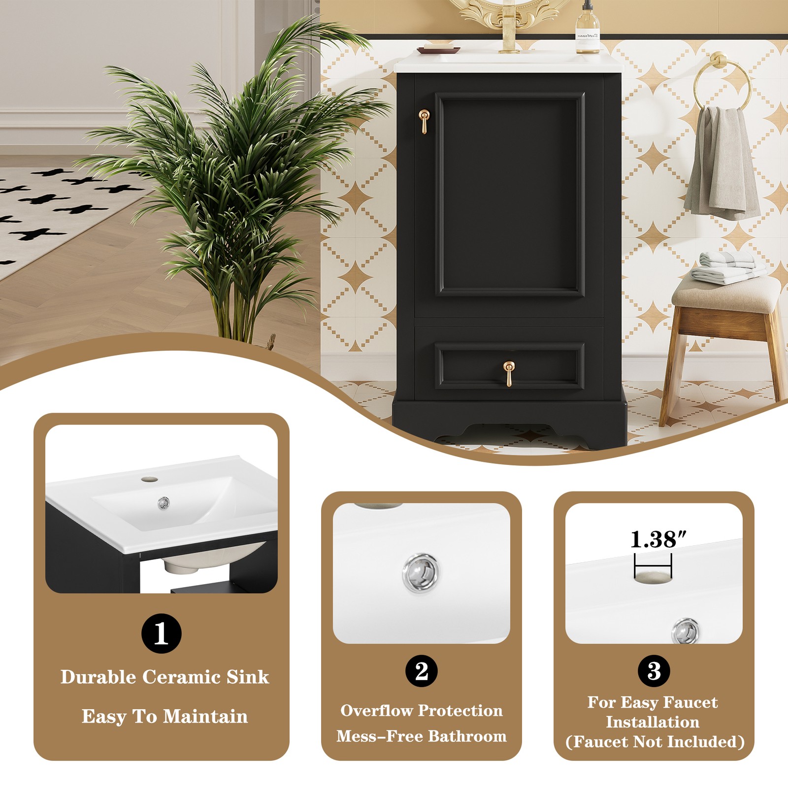 20″ Bathroom Vanity with Ceramic Sink Modern Storage Cabinet w/Soft Close Door