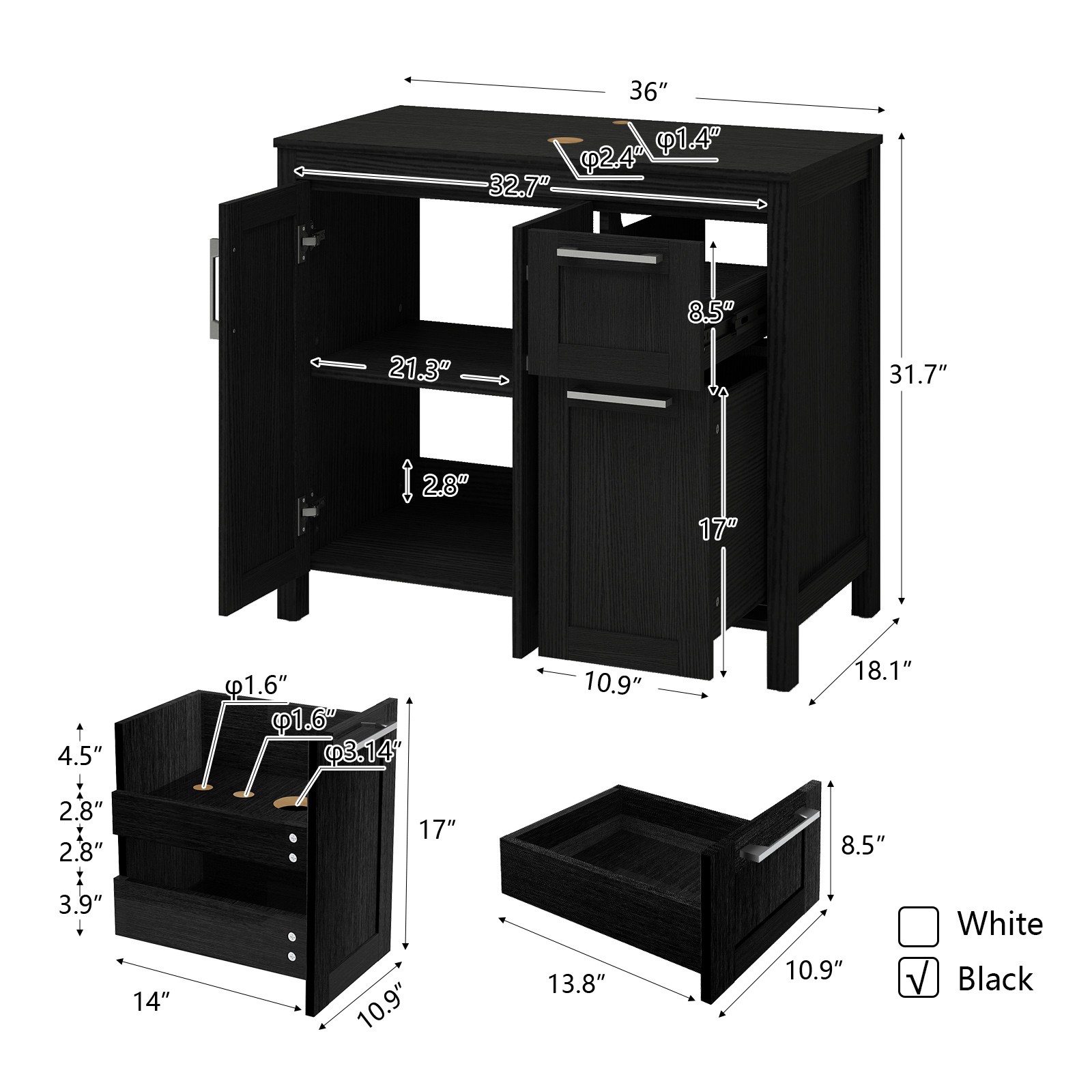 Modern Vessel Sink Vanity: 36″ Complete Set with Faucet, Storage & Pop-Up Drain