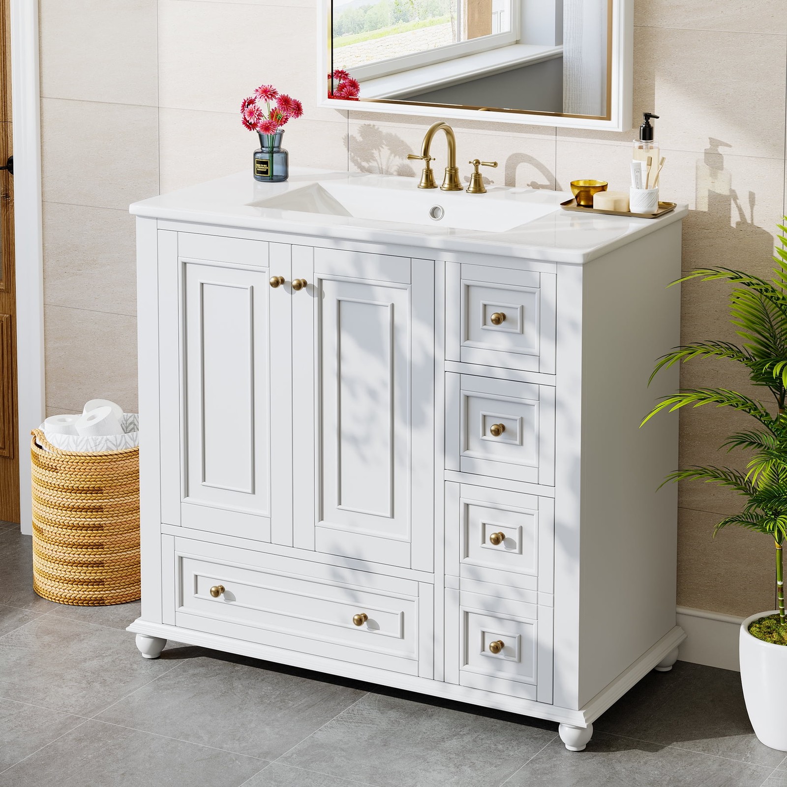 36” Bathroom Vanity with Ceramic Sink，Modern Wood Storage Cabinet with Drawers