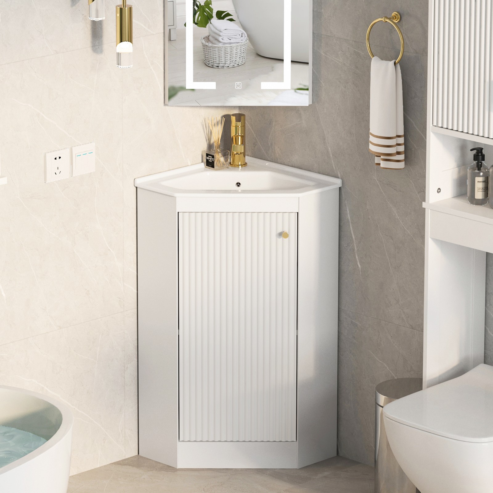 Modern 24″ Corner Vanity Sink Basin Combo Bathroom Storage Cabinet Freestanding