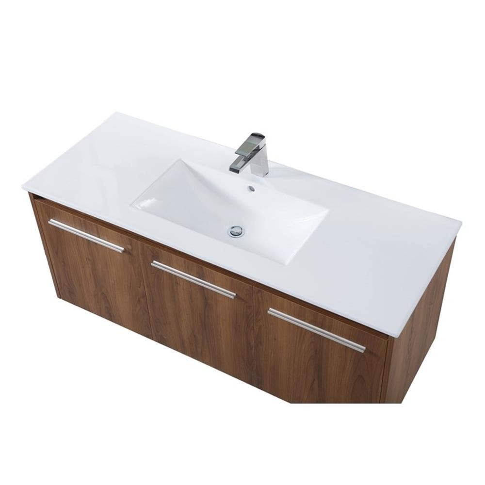 Pemberly Row 48″ Single Porcelain Top Floating Bathroom Vanity in Walnut