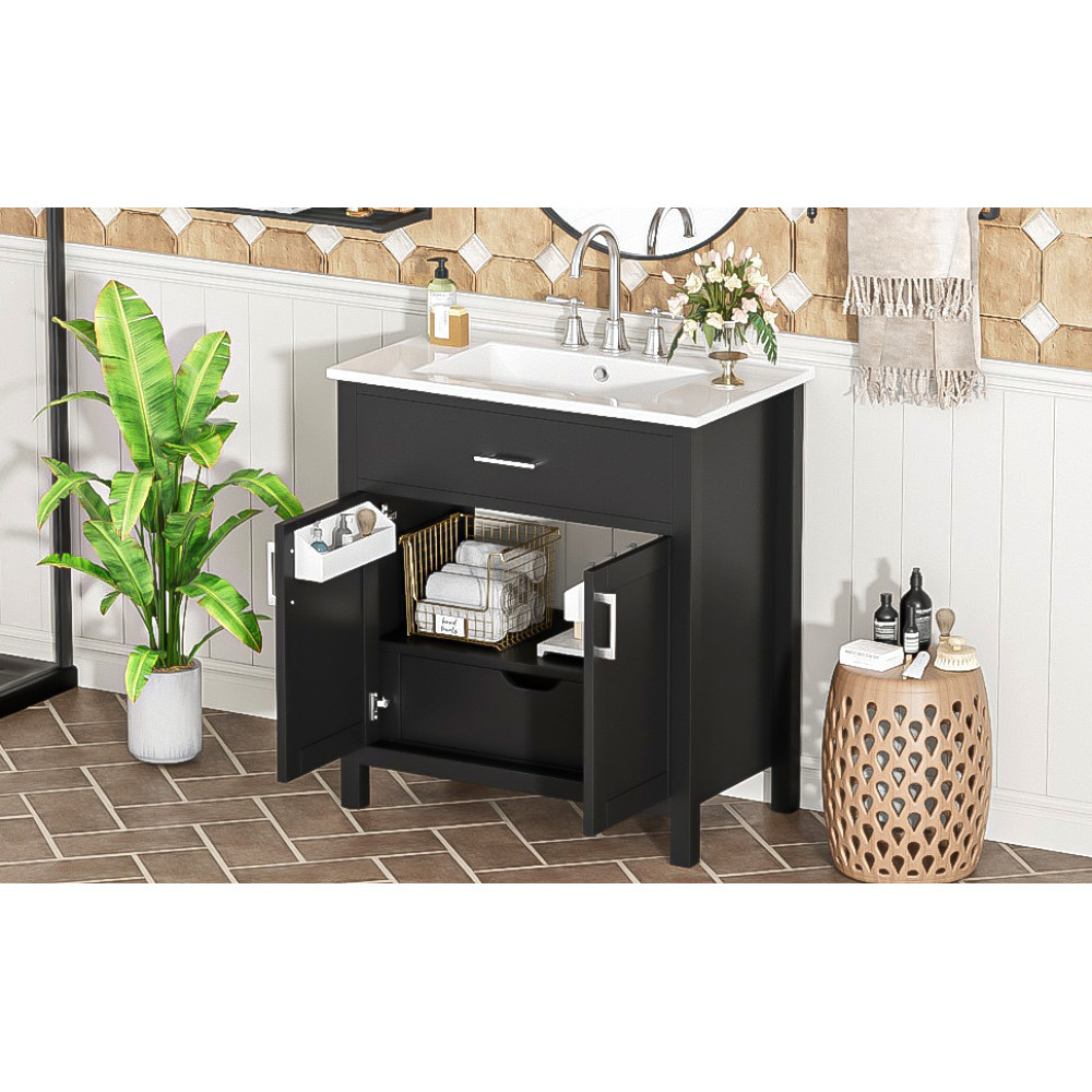 NEW 30″ Bathroom Vanity Ceramic Sink Soft Close 2 Doors 1 Drawer Storage Cabinet