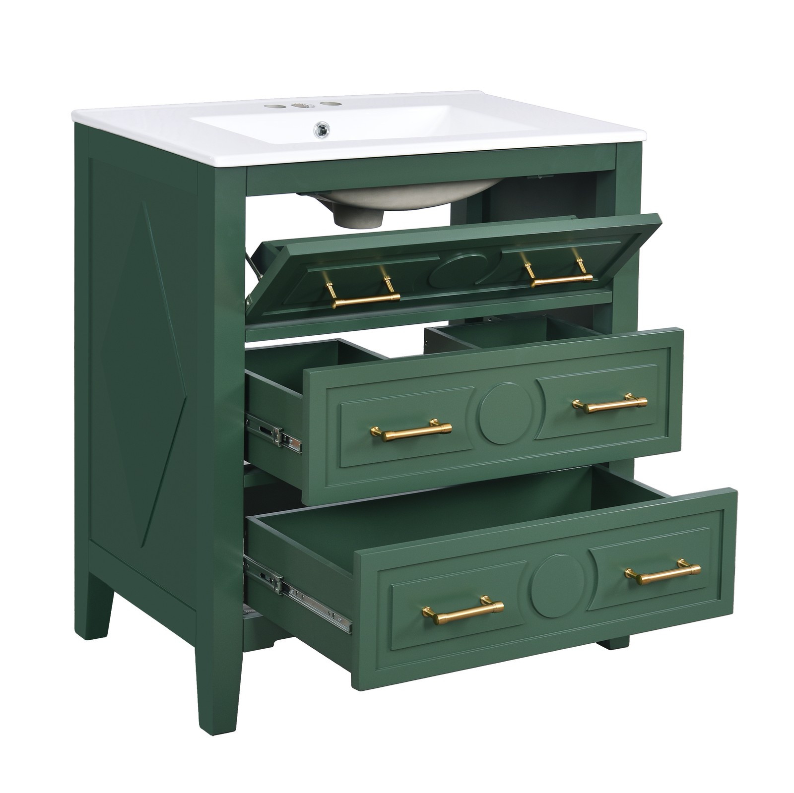 30″ Green Bathroom Vanity with Ceramic Sink, 3 Drawers, Solid Wood