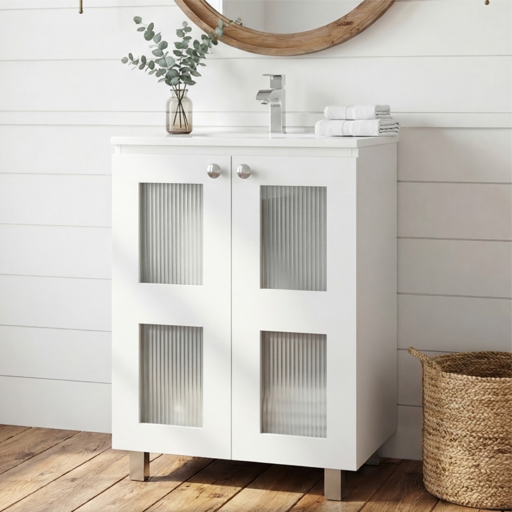 35″ White Bathroom Vanity w/ Resin Sink & Frosted Glass Doors