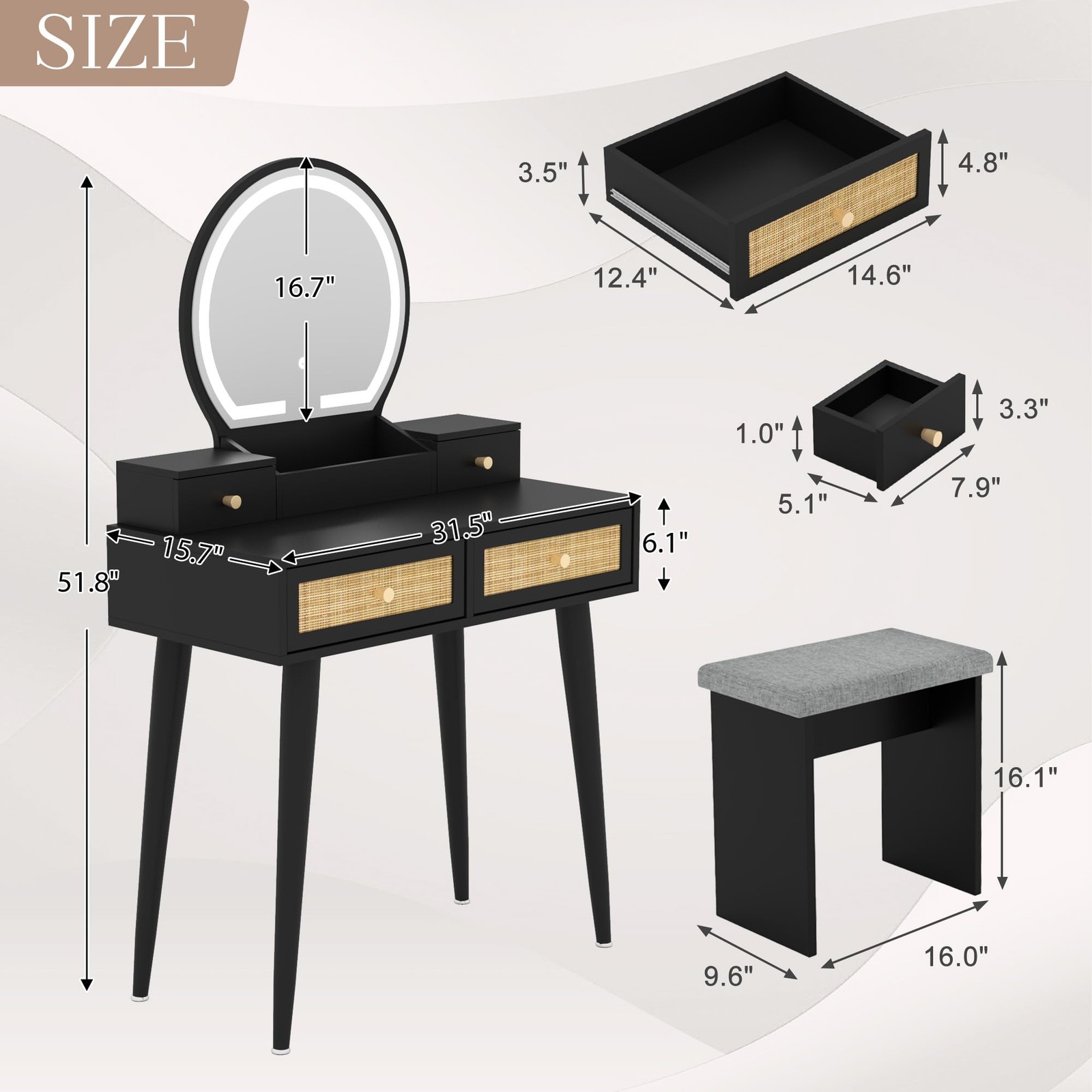 Rattan Vanity Desk with Stool 31″ Space Saving Makeup Table with LED