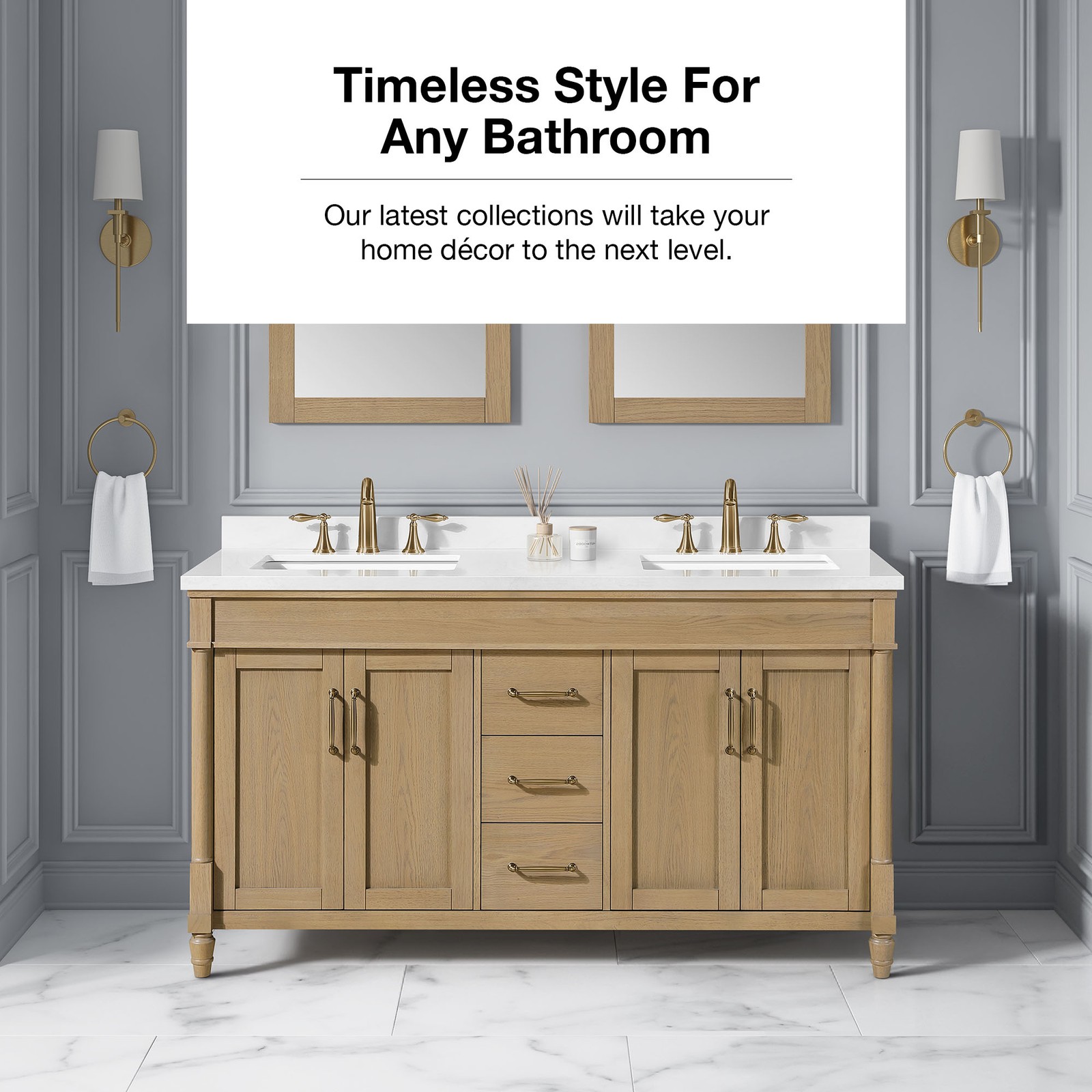 Salisbury 60″ Natural Birch Bathroom Vanity with White Countertop