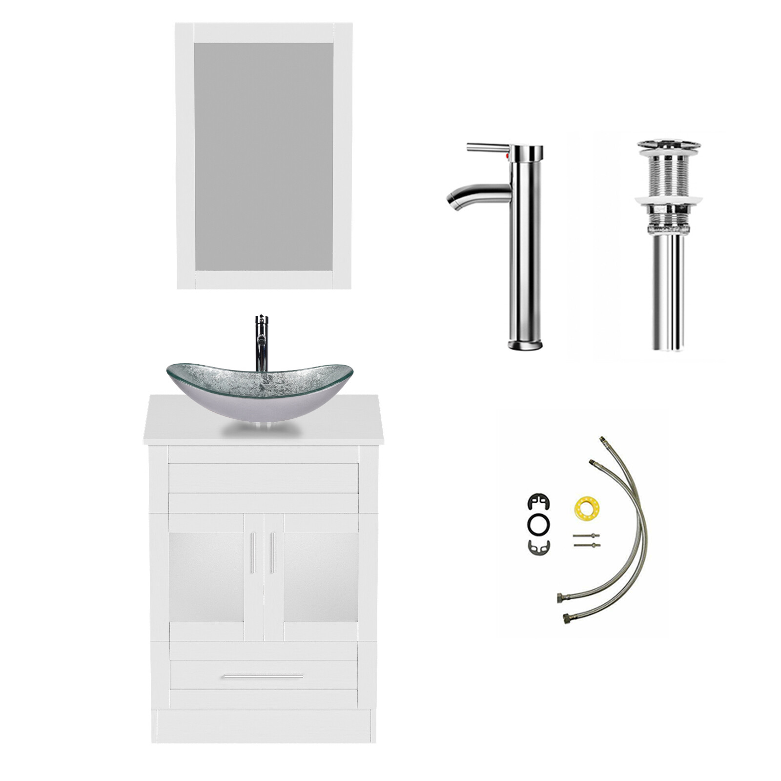 24″Modern Bathroom Vanity Set: All-in-One with Silver Glass Vessel Sink & Mirror