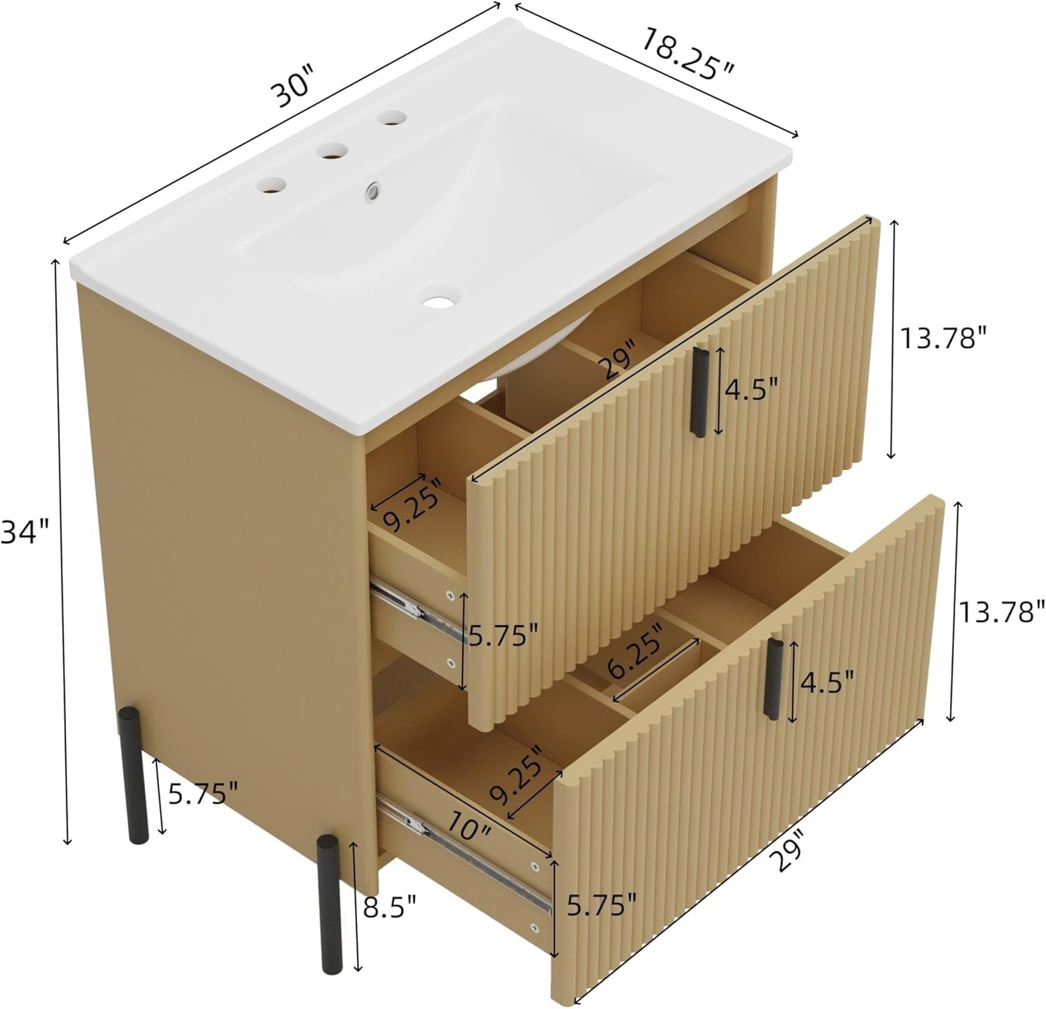30 in.Bathroom Vanity with Fluted Design Vanity with Sink Suit For Any Bathroom