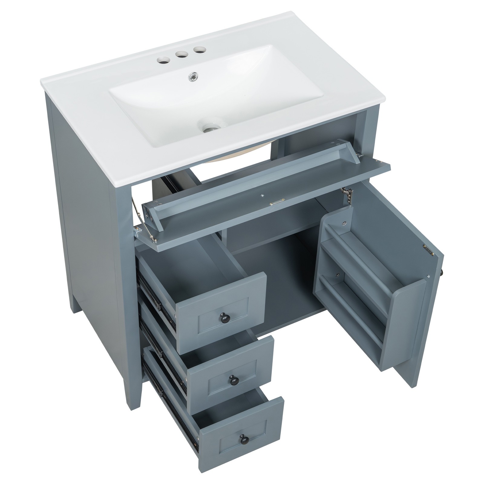 30″ Blue Gray Bathroom Vanity with Sink, 3 Drawers & Cabinet