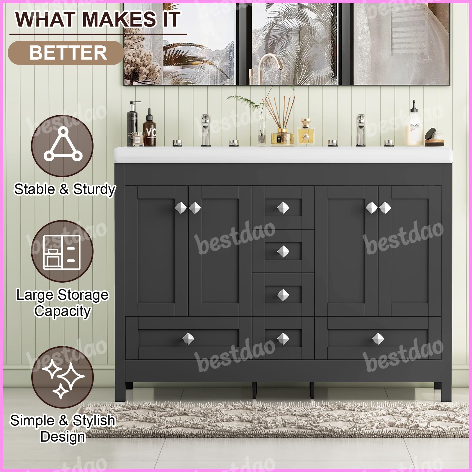 47″ Bathroom Vanity Cabinet with Double Sink Ceramic and 5 Drawers Freestanding