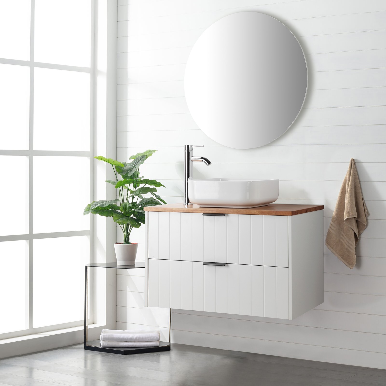 32 Inch Double Drawer Wall Mount Bathroom Vanity White Cabinet Solid Wood Top