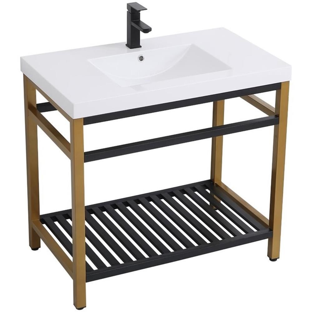Pemberly Row 36″ Single Resin Top Metal Bathroom Vanity in Gold and Black