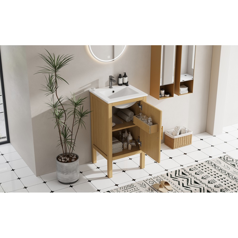 18″ Bathroom Cabinet with Ceramic Sink, Adjustable Shelf, Soft-Closing Hinges