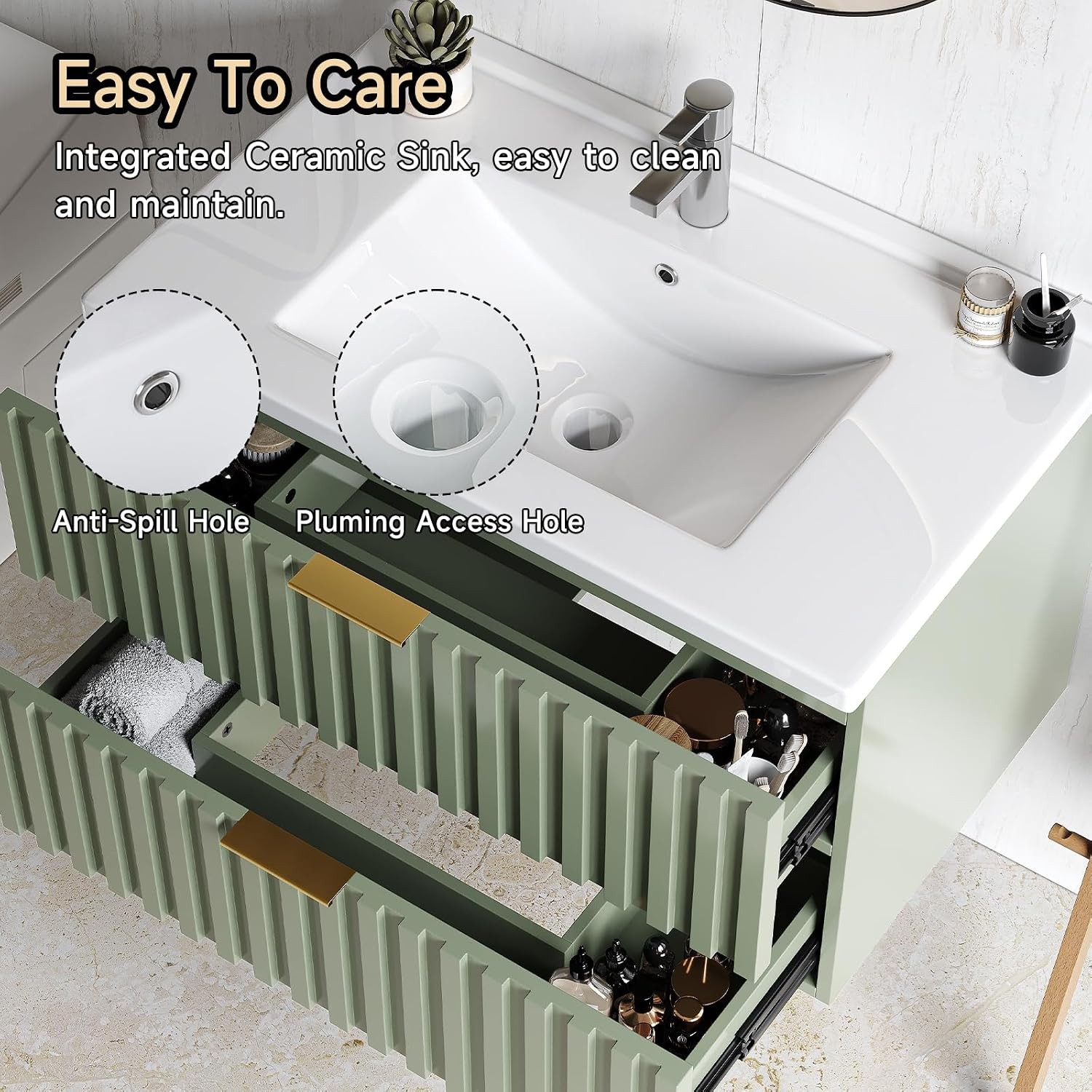 30 Inch Bathroom Vanity with Sink Combo Floating Bathroom Vanity with 2 Fluted
